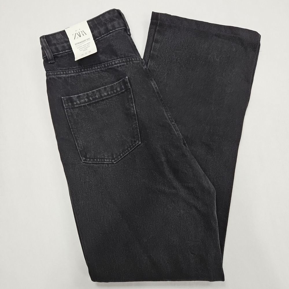 Zara Jeans Straight Fit Womens 40 Size 8 Black‎ Super High Rise Rigid Denim